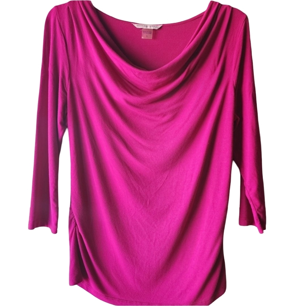 PETER NYGARD Hot Pink Cowl Neck Ruched Blouse 3/4 Sleeve L